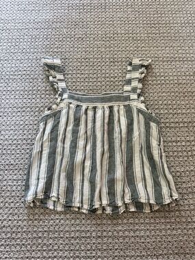 LOFT Green and White Striped Ruffle Strap Tank Top